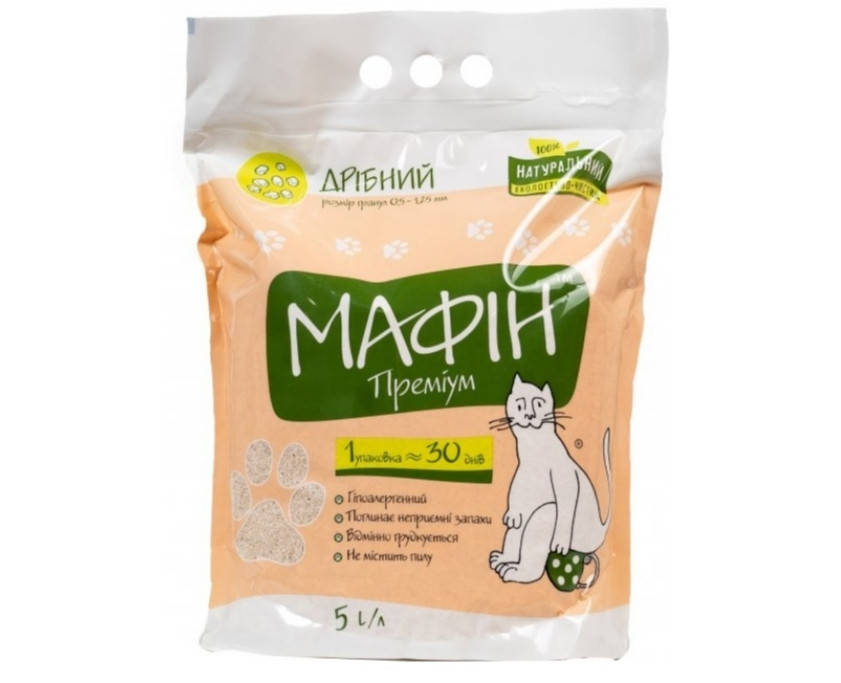 

Мафін Преміум (дрібний) Грудкуючий бентонітовий наповнювач 5 л