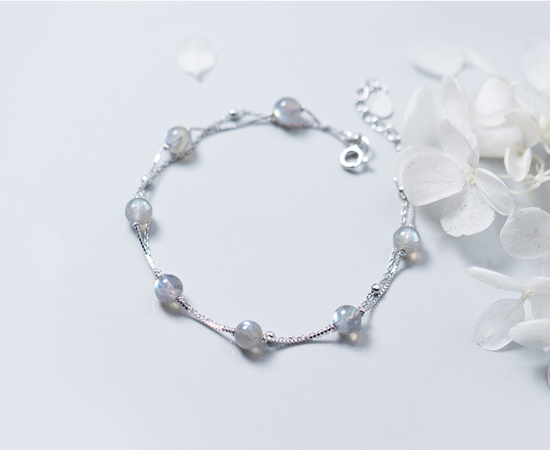 

Браслет серебряный с лунным натуральным камнем, браслет из двух цепочек с шариками из серебра 925 пробы, 16+4