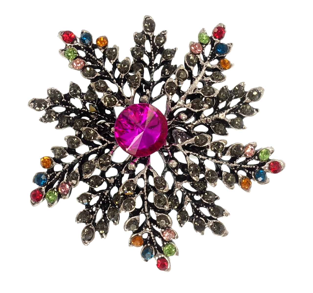 

Брошь "Цветок с малиновым кристаллом и разноцветными стразами"