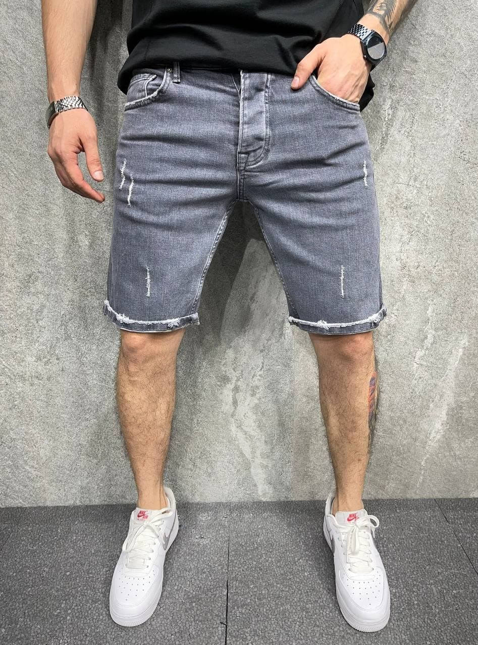 

Мужские джинсовые шорты темно серого цвета (серые) с потертостями Турция, Темно-серый