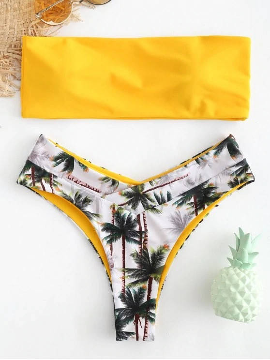 

Купальник женский бандо раздельный, желтый с принтом пальмы