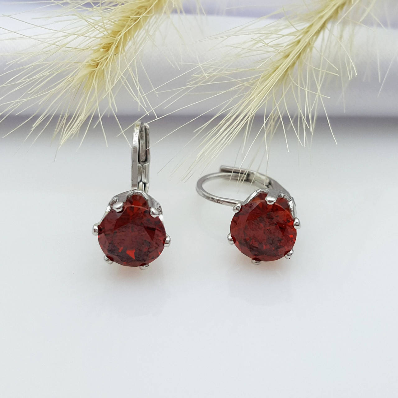 

Серьги родированные, Красный цирконий, медсталь Xuping