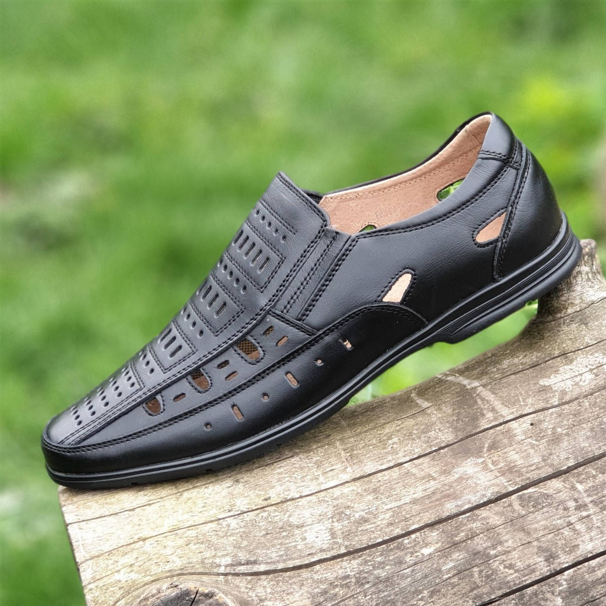 

Мужские летние туфли черные кожаные повседневные без шнурков в дырочку (Код: 1455), Черный