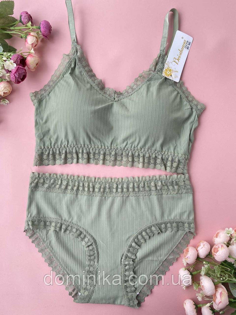 

Рифленый оливковый комплект нижнего белья с ажуром, бесшовный топ с трусами, 70АВ-75АВ-80АВ