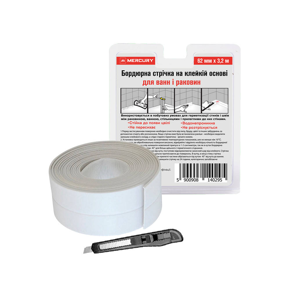 

Бордюрная лента + 9 мм для ванн и раковин 62 мм. * 3,2 м. MERCURY, Белый
