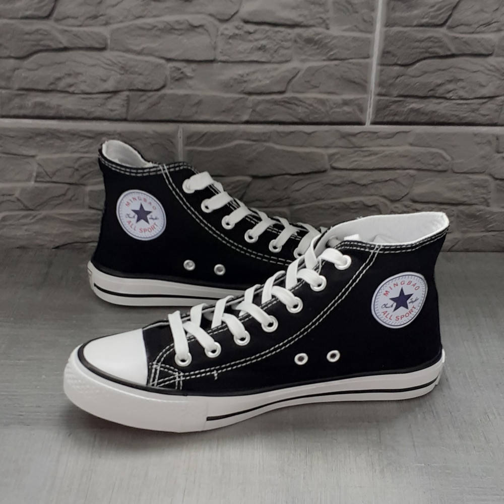 

Кеды черно-белые в стиле Converse на белой подошве, текстиль, шнуровка, 38 размер на 37 (23,5см) Конверсы, Черно-белый