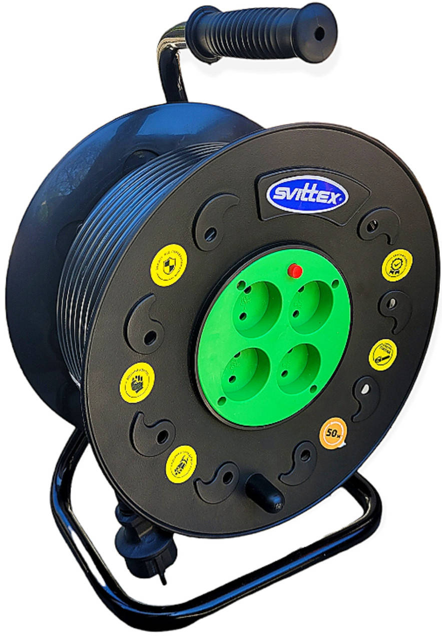

Удлинитель на катушке 50м 2х2,5 мм² ПВС 4 розетки SVITTEX с термозащитой .