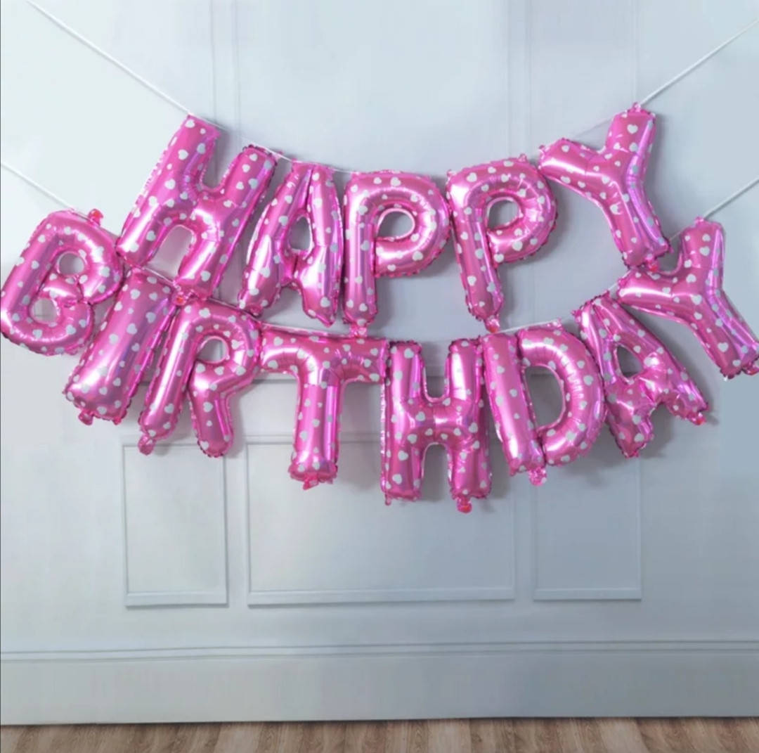 

Гирлянда - растяжка Happy Birthday розовая в сердечки(УП), с днем рождения, Розовый