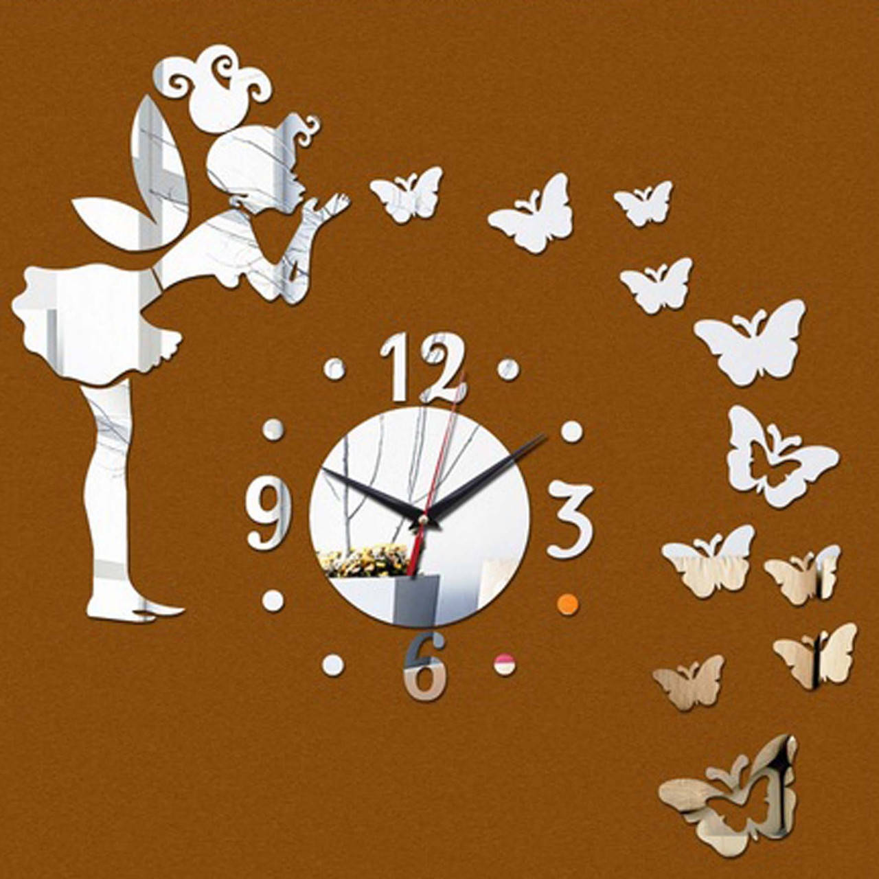 

Настенные 3D часы с зеркальным эффектом "Pixy" - 3Д часы c феей и бабочками, необычные часы стикеры 50х60 см, Серебристый