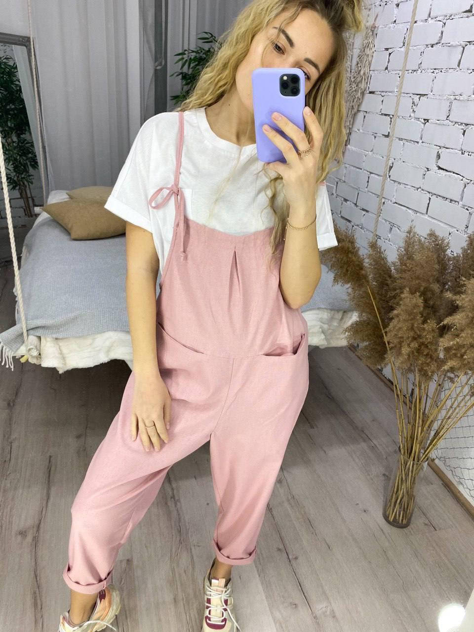 

Женский летний комбинезон из льна, Пудровый