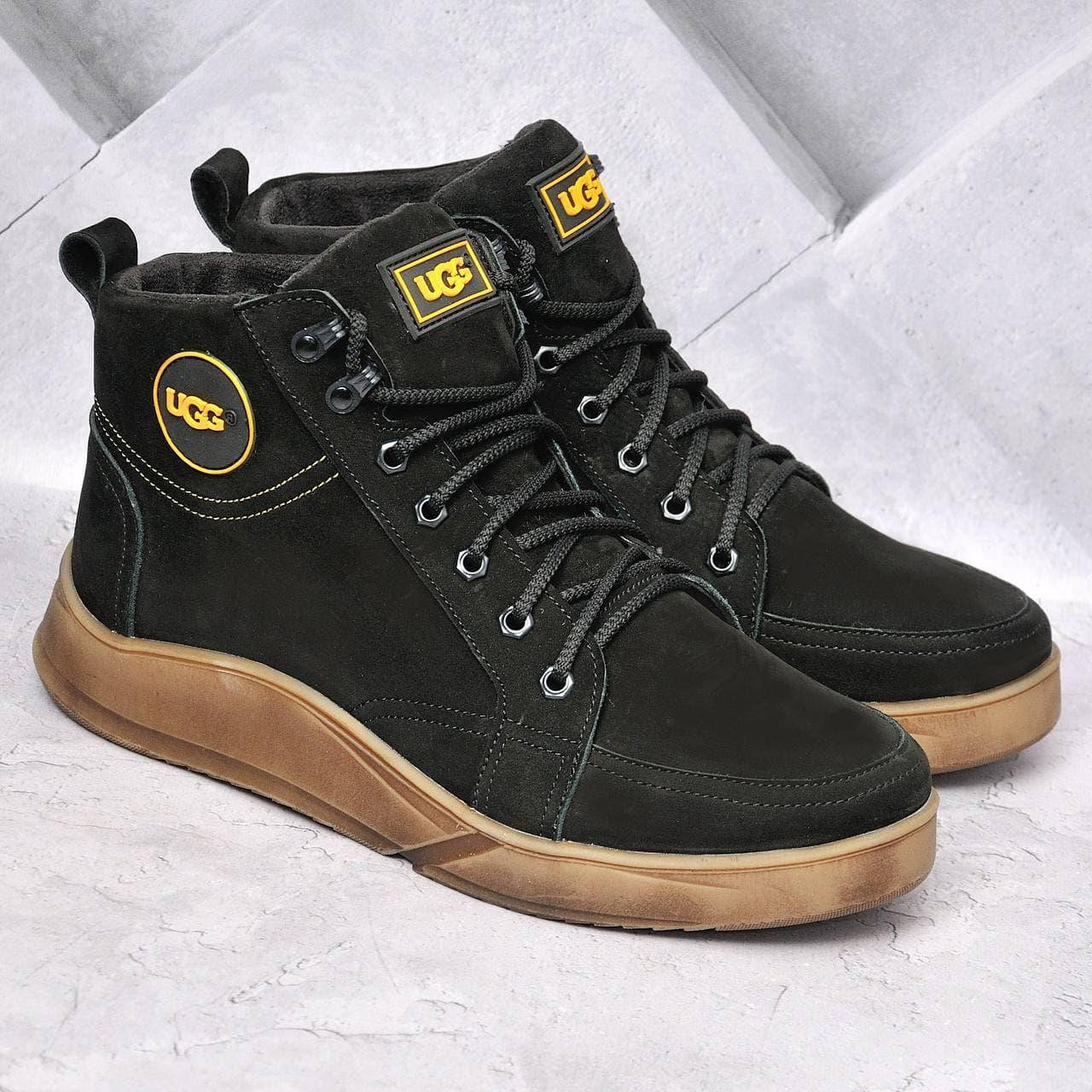 

Мужские тёплые зимние ботинки Ugg натуральный нубук (черные) на меху 42, Черный