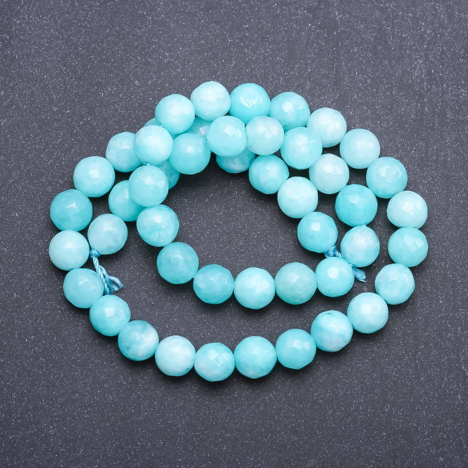 

Бусины из натурального камня Аквамарин светло бирюзовый граненный шарик d-8мм L-38см