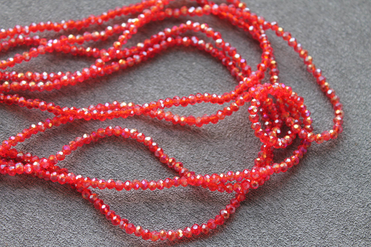 

Бусина хрустальная, 2 мм, нить, светло красные с переливом, Красный