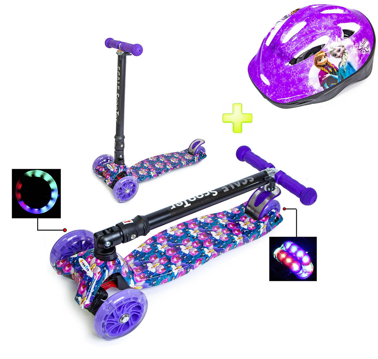 

+ Шлем + Детский самокат Scale Sports Mакси Ветки Орхидеи Складная ручка Светящиеся колеса