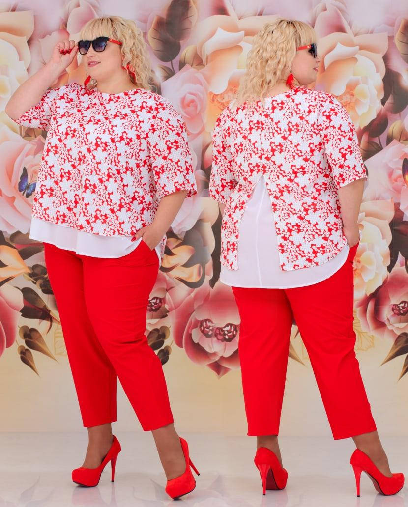 

Летний брючный костюм супер батал 298-1 "Разлетайка Цветы", Красный