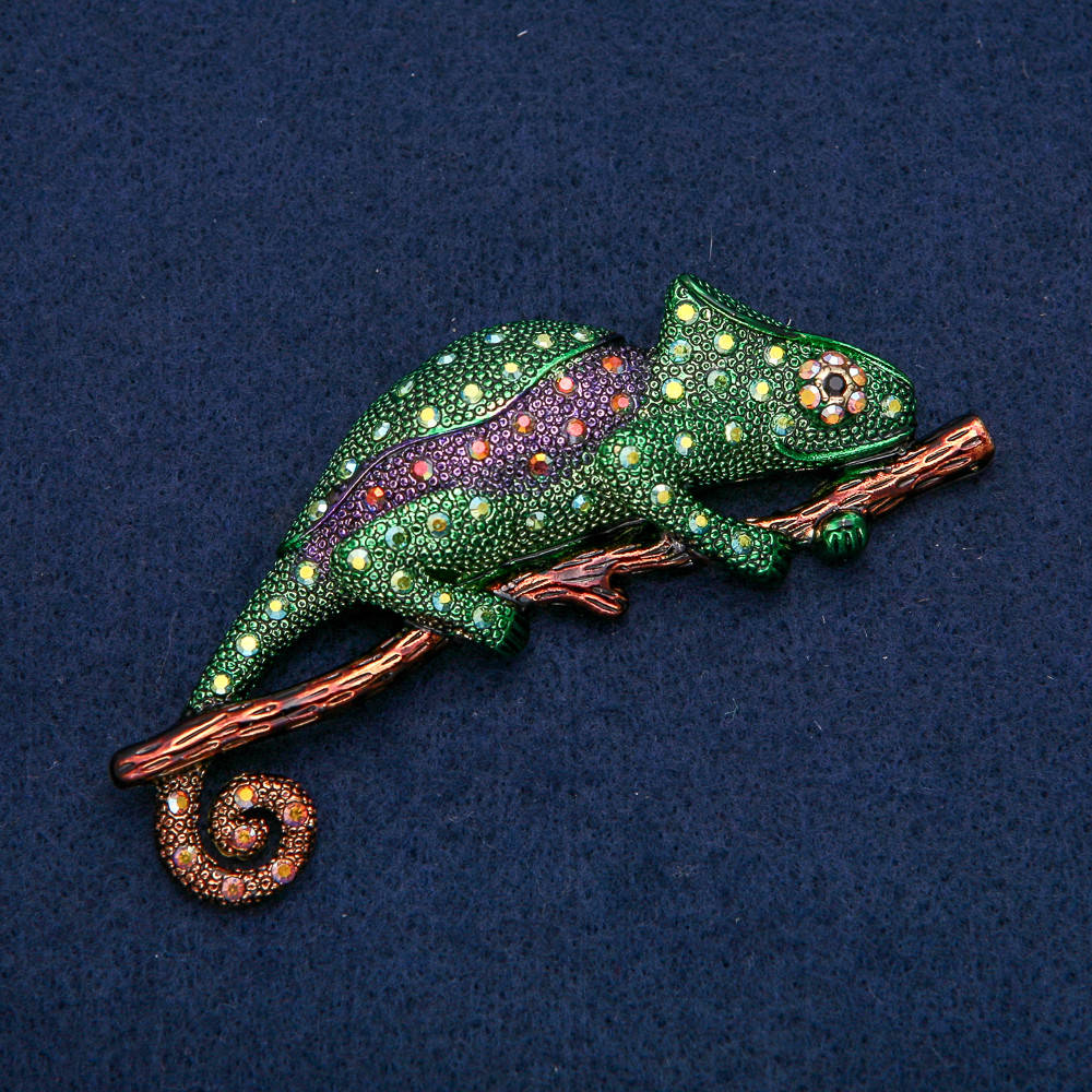 

Брошь Хамелеон золотистый металл с черной и бензин стразами 88х30мм +-