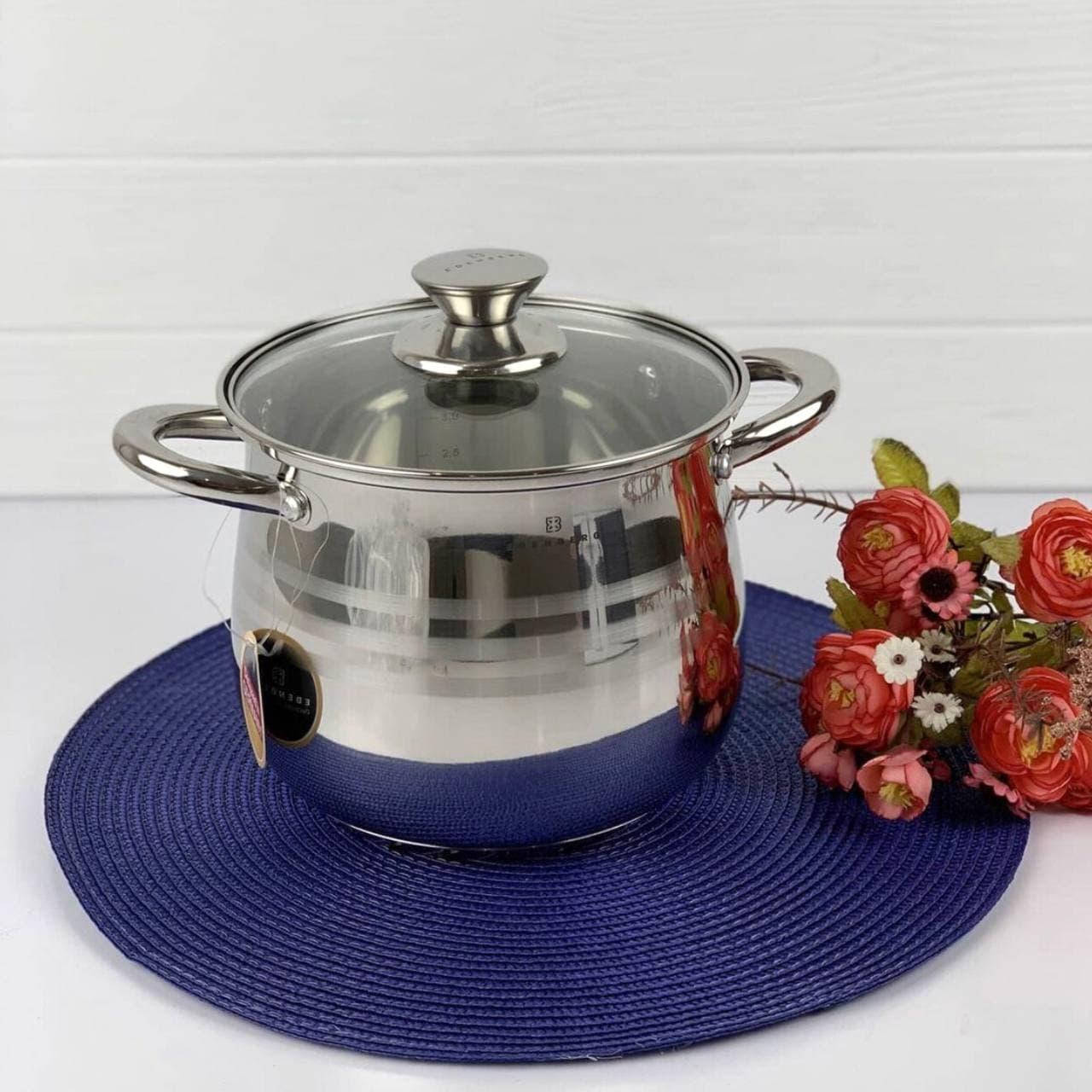 

Кастрюля с крышкой 2.9 л из нержавеющей стали Edenberg EB-531 Кастрюля с толстым индукционным дном, Серый