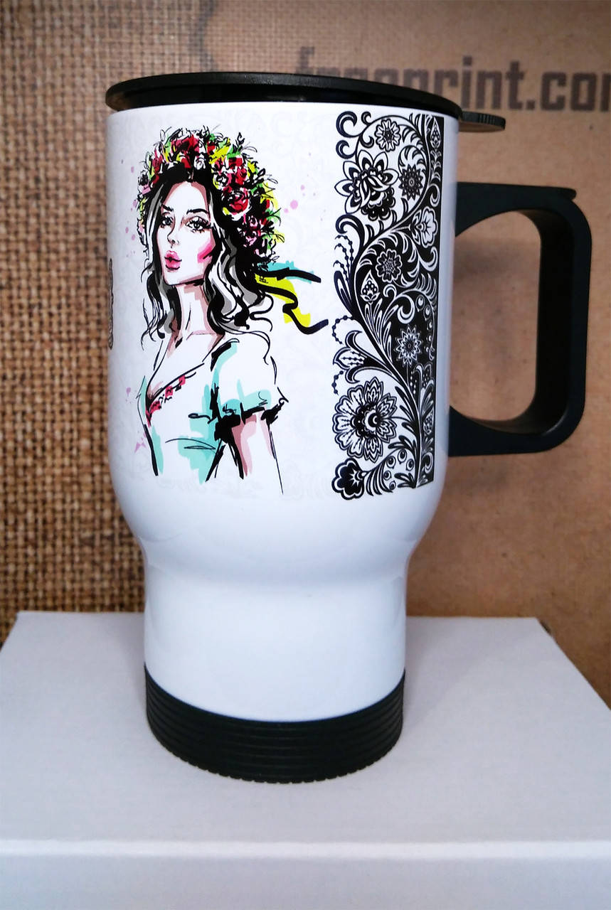 

Патріотична кружка "Україночка". Стильна кружка-термос, колір білий, Белый