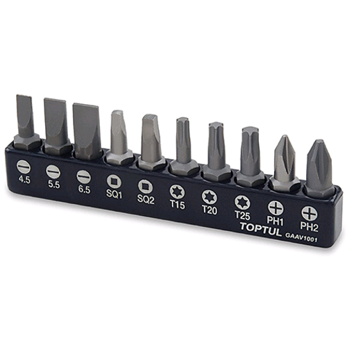 

Набор бит для шуруповерта TOPTUL 1/4" 10ед. (PH,SL,Torx,SQ) GAAV1001
