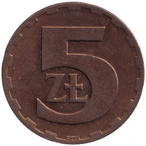 

Монета 5 злотых. 1975-86 год, Польша.(В)