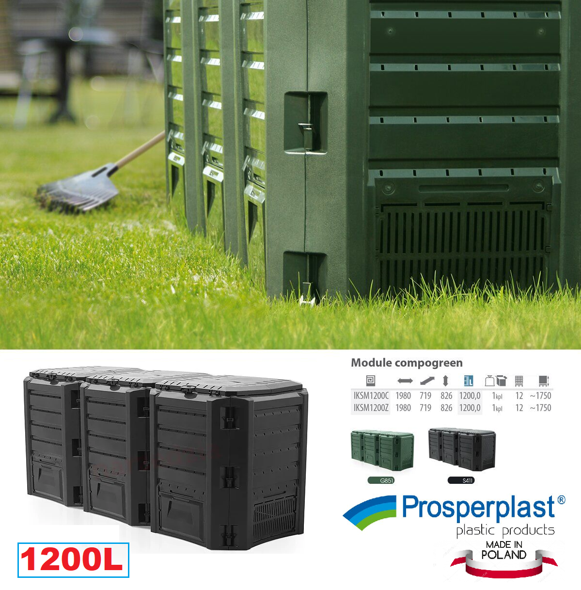 

Компостер 1200Л 3 -сегментный Prosperplast(Оригинал)Польша черный