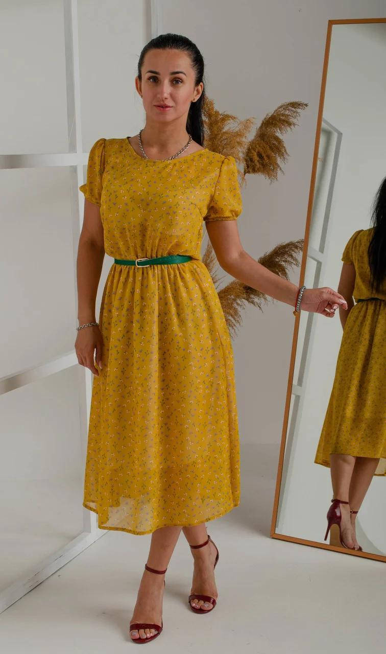 

Деловое желтое платье-тюльпан шифоновое с поясом в комплекте 42,44,46,48,50,52