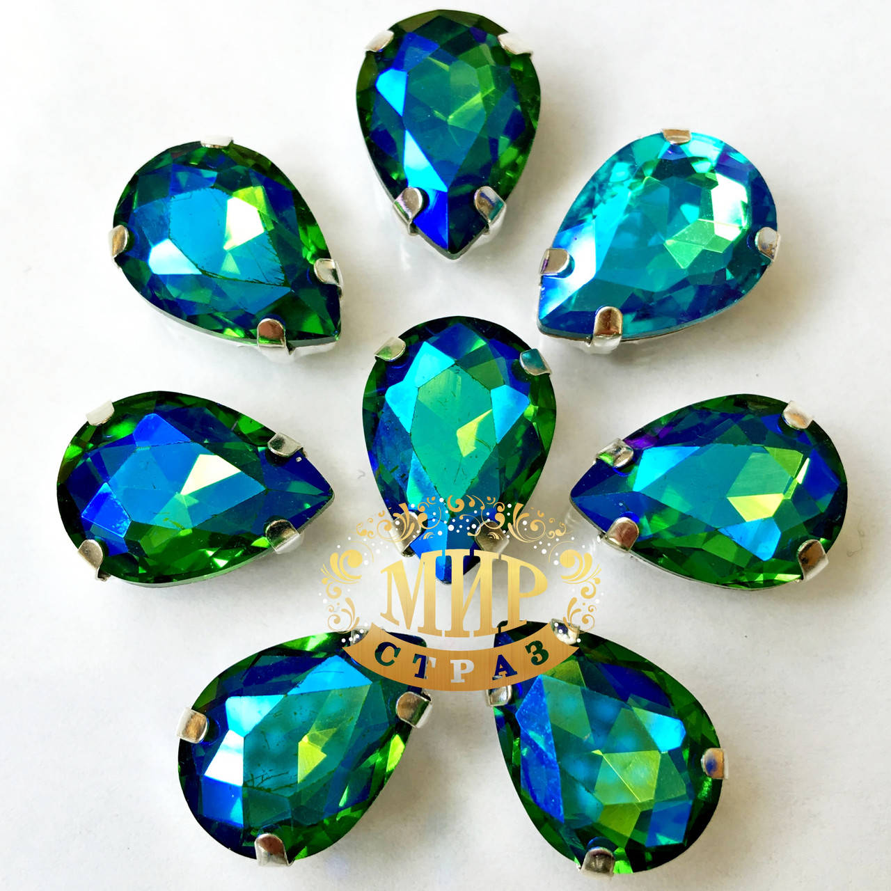 

Cтразы в цапах, Капля, Размер 10x14mm, Цвет Green AB