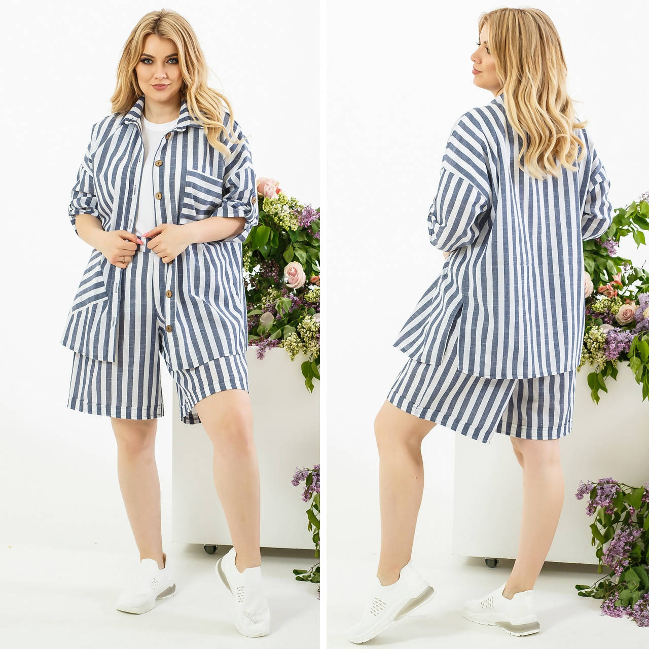 

Невероятно стильный и удобный костюм тройка в полоску из льна рубашка шорты-бермуды футболка 52/54, розовый