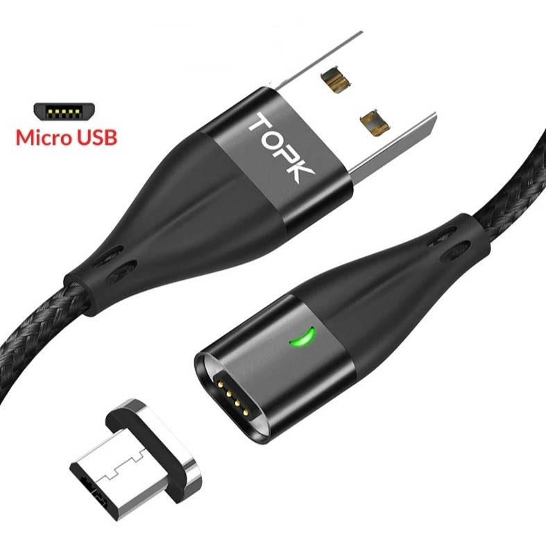

Кабель для телефона с быстрой зарядкой и синхронизацией магнитный USB Topk с коннектором: Micro USB., Черный