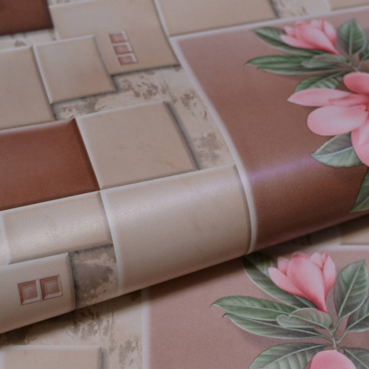 

Обои для стен бумажные влагостойкие под плитку, коричневые с принтом розовые цветы 0,53*10м, Коричневый