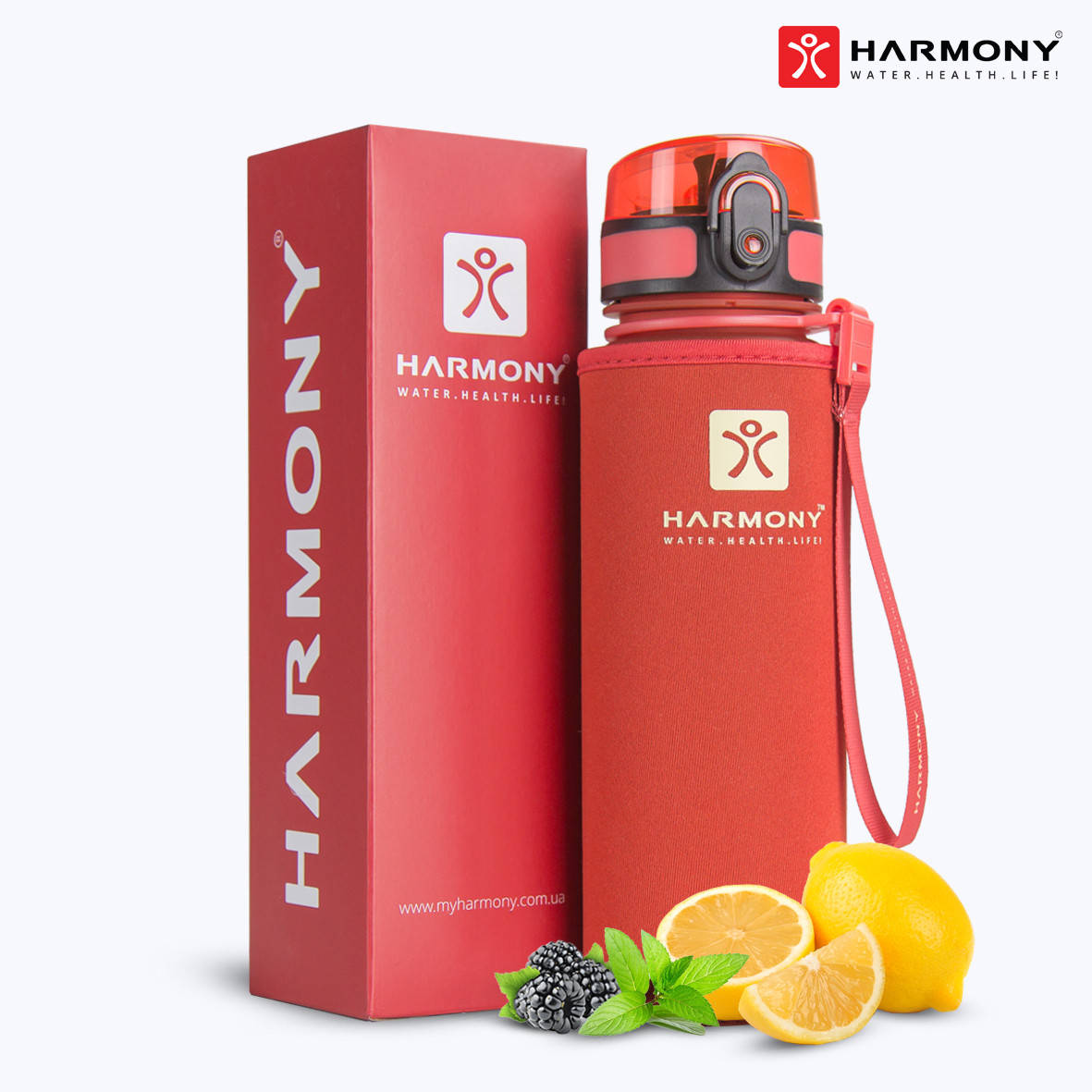 

Бутылка для воды Harmony Total Sunrise 0,5 л. с контейнером для фруктов и защитным неопреновым чехлом.