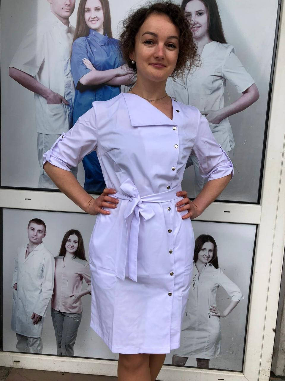 

Белый коттоновый женский медицинский халат, модный и необычный медицинский халат на кнопках, р.42-56.