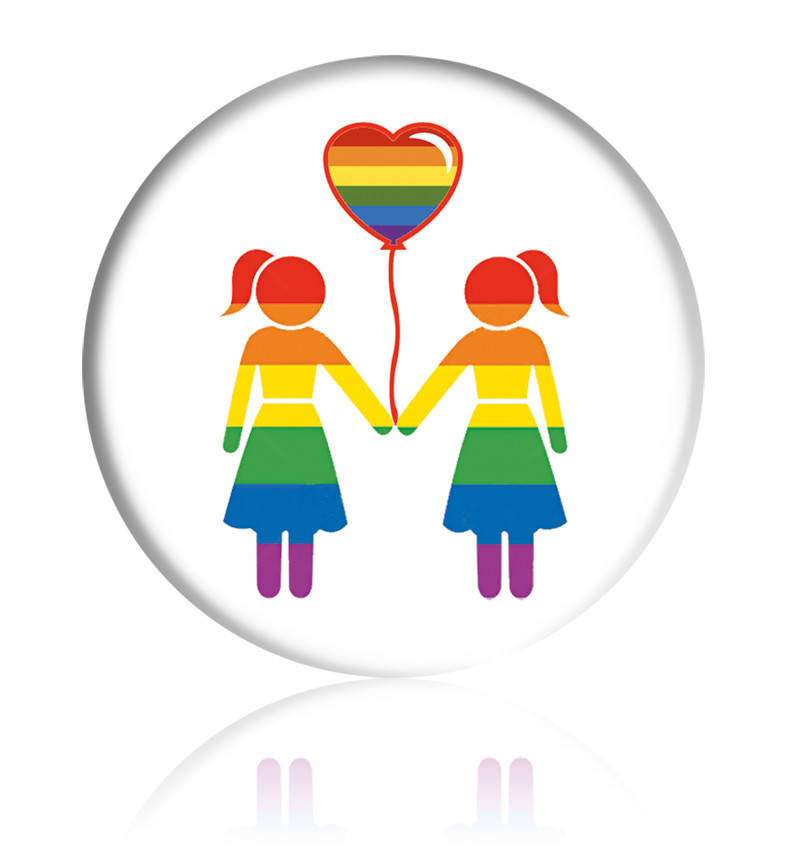 

Закатной значок круглый с ЛГБТ-символикой "Радужные девочки с шариком"