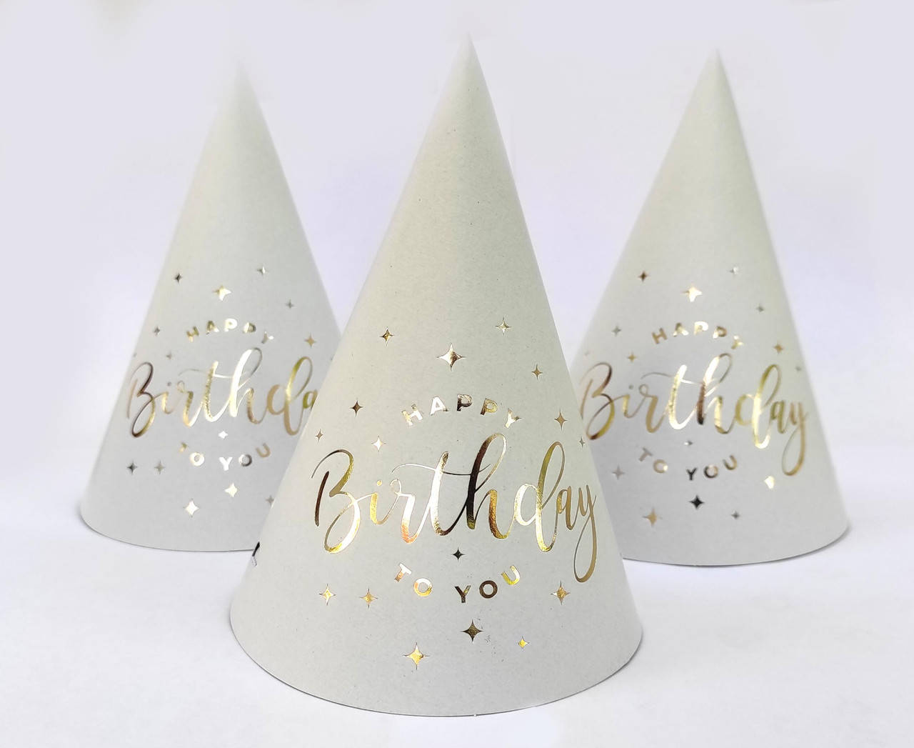 

Колпак праздничный 15 см, "HappyBirthday" золото на белом