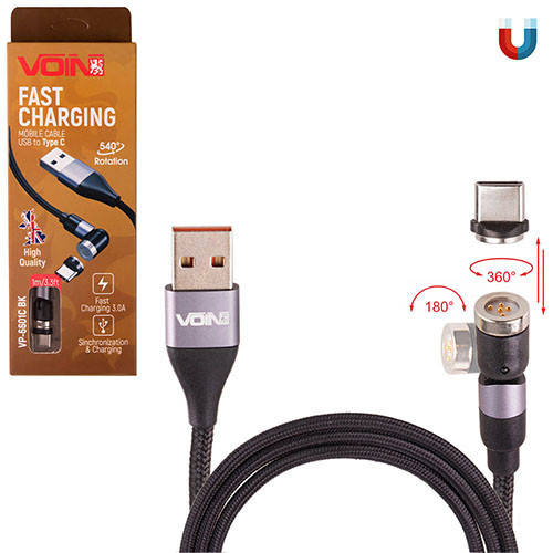 

Кабель магнитный шарнирный VOIN USB - Type C 3А, 1m, black (быстрая зарядка/передача данных) (VP-6601C BK), Черный
