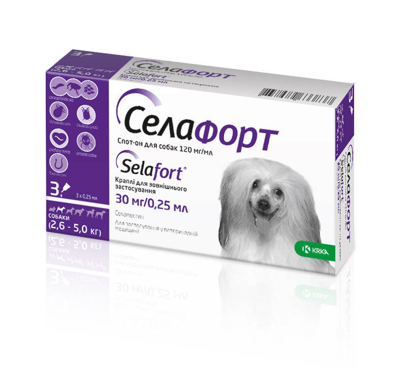 

Селафорт (Selafort) капли от блох клещей и гельминтов для собак весом 2,6 - 5 кг 1 пипетка KRKA