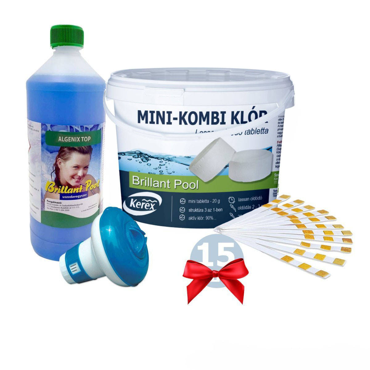 

Химия для бассейна «Аква База 4в1» (хлор таблетки , поплавок дозатор , альгекс топ, тест-полоски 15 шт)