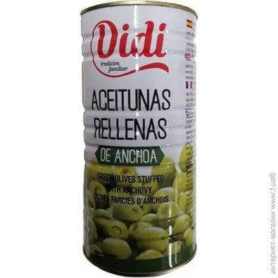 

Оливки Гигант зеленые фаршированные анчоусом DiDi Aceitunas Rellenas de Anchoa 1450г / 600г Испания
