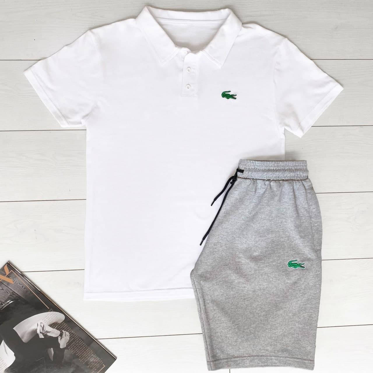 

Мужской спортивный костюм с шортами и поло Lacoste хлопковый однотонный повседневный на лето белый с серым, Разные цвета