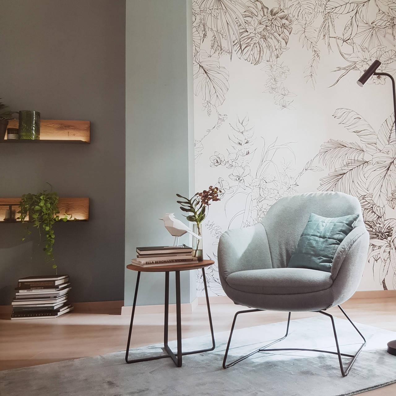 

Обои виниловые на флизелине Marburg New Spirit панно 2.12х2.7 м цветы листья крупные черные на белом, Черный