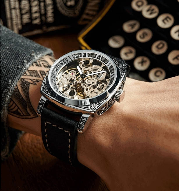 

Оригинальные дизайнерские мужские механические часы WishDoIt Baron на черном кожаном ремешке