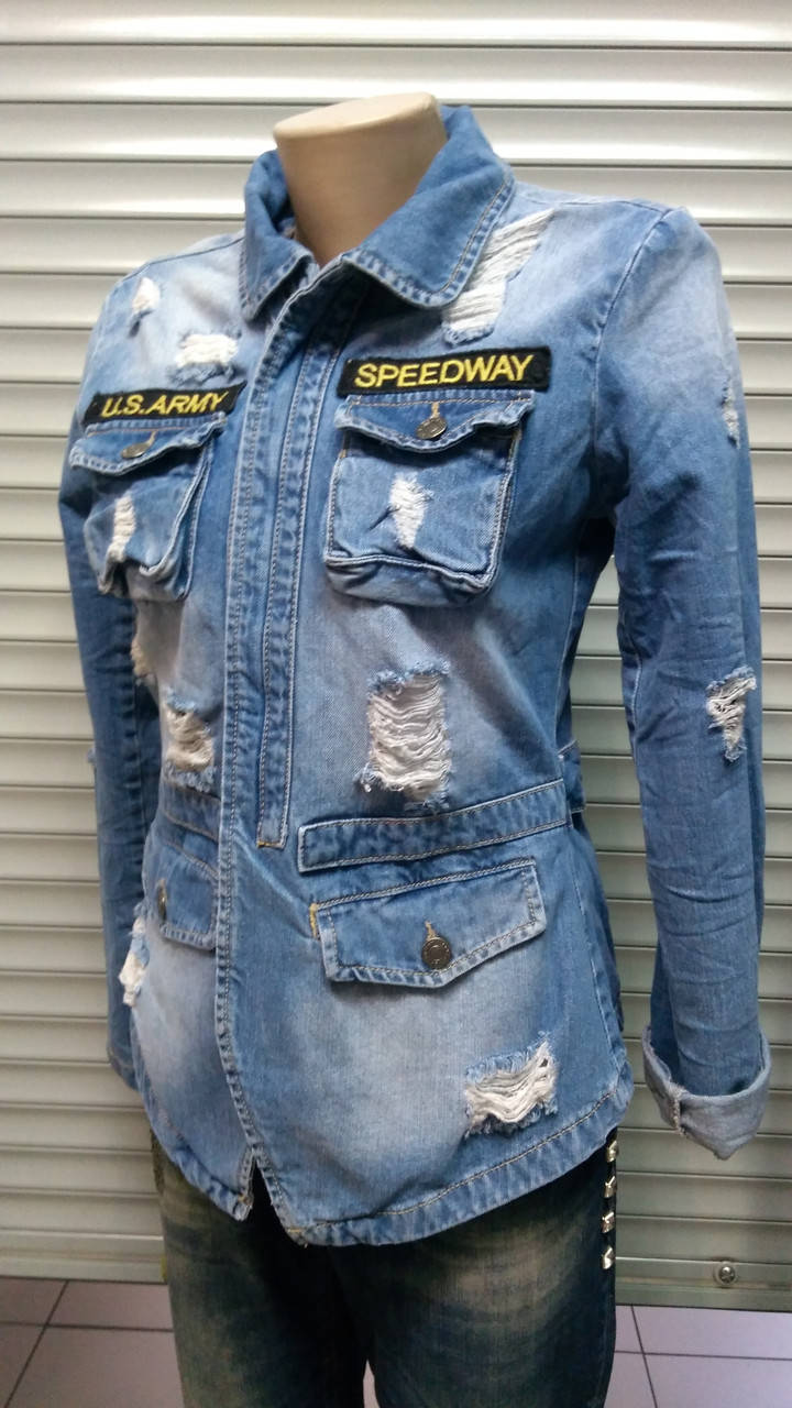 

Пиджак женский джинсовый с накладными карманами M, Голубой