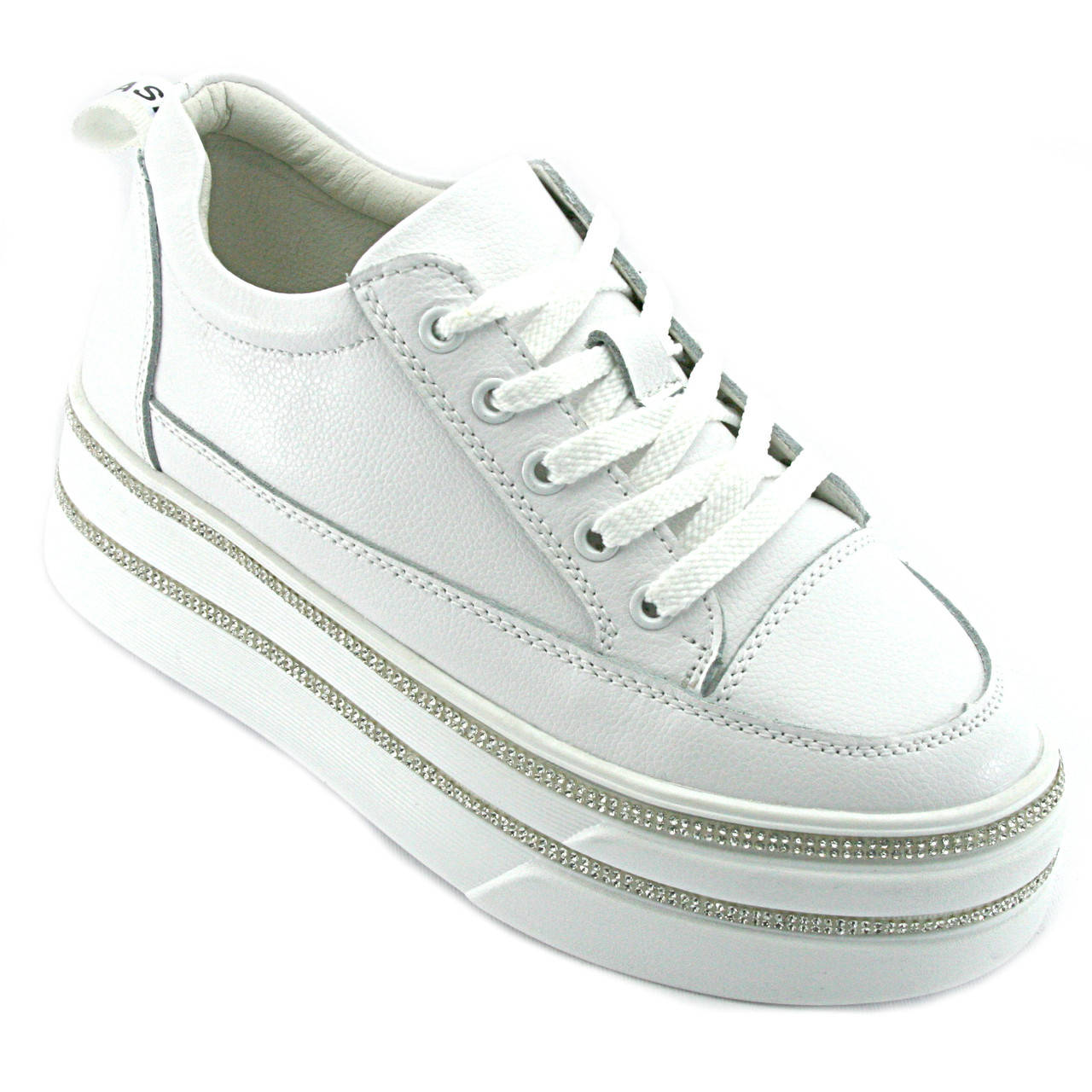 

Кроссовки женские белого цвета на оригинальной платформе с камнями материал пресс кожа, Белый