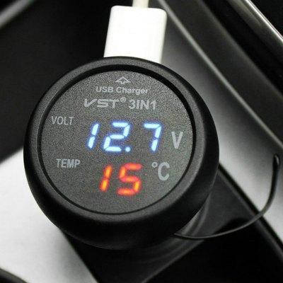 

3 в 1 Цифровий Автомобільний Вольтметр Термометр Зарядний 12/24 В VST 706