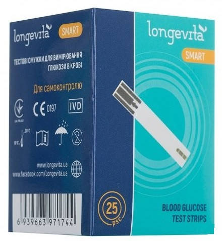 

Тест полоски к глюкометру LONGEVITA Smart (25х1)25шт