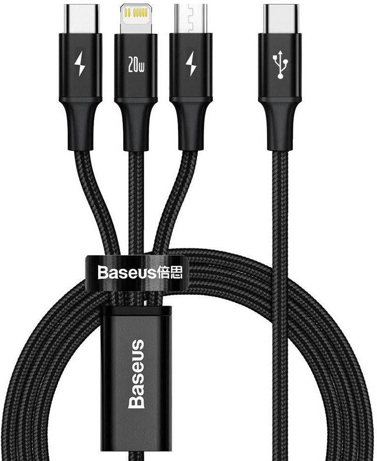 

Кабель 3в1 с быстрой зарядкой MicroUSB+TypeC+Lightning 3-in-1 BASEUS Rapid |1.5м/3A/PD 20W| Черный CAMLT-SC01