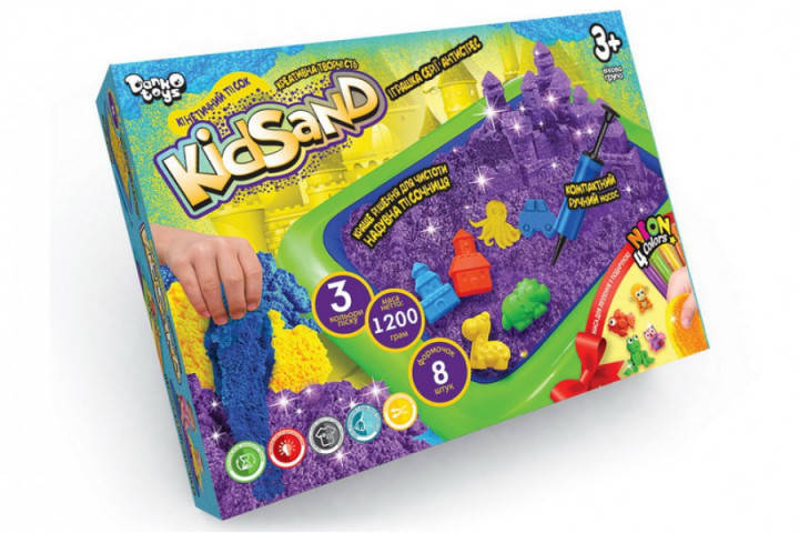 

Кинетический песок KidSand 1200 гр + песочница надувная Danko Toys KS-02-02U формочки насос детское творчество, Разные цвета