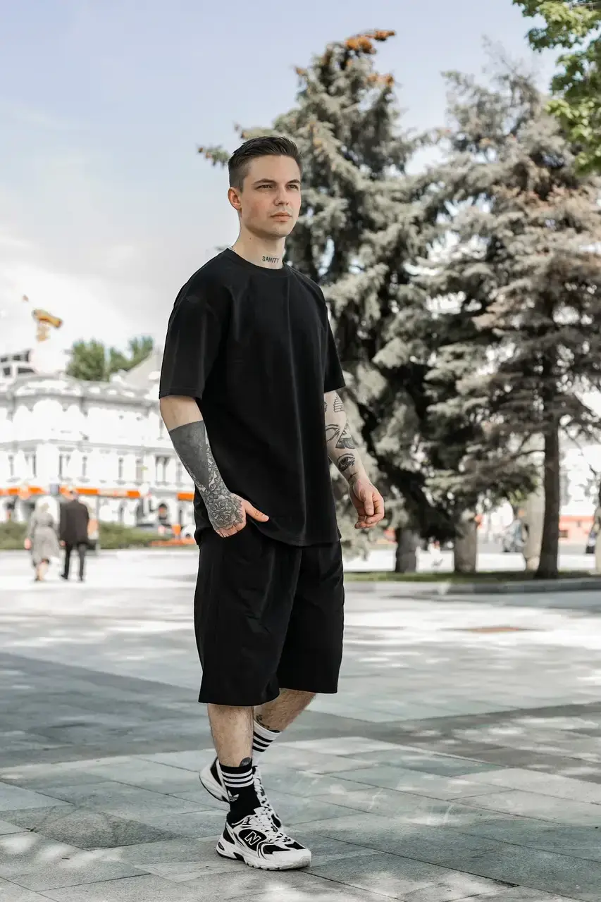 

Костюм Oversize летний мужской Футболка "Player" черная + Шорты трикотажные черные