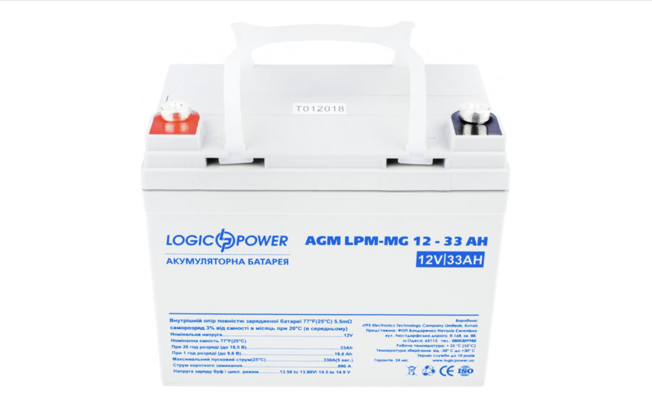 

Аккумулятор AGM - 33 Ач, 12В мультигелевый LogicPower LPM-MG 12-33 AH