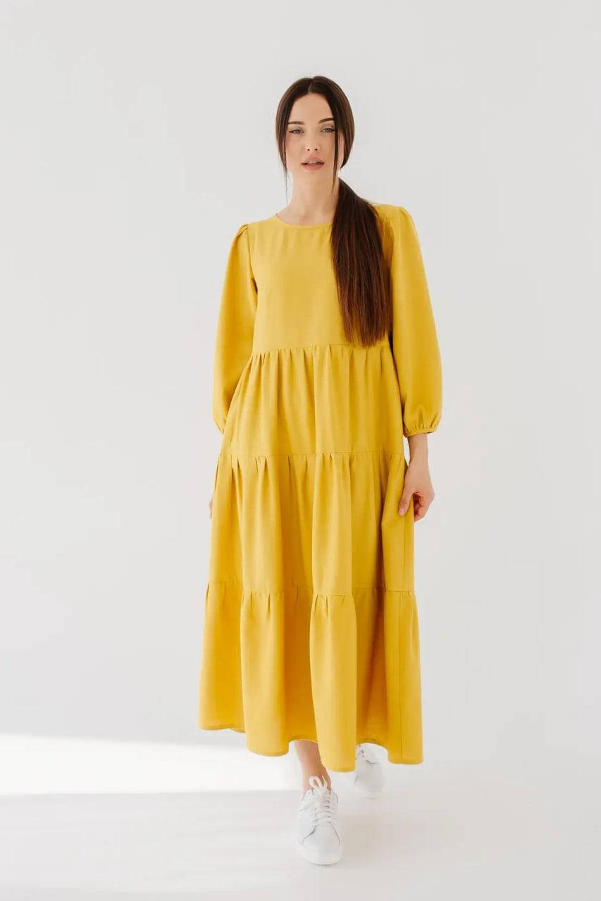 

Платье женское ярусное льняное миди горчичное Modna KAZKA MKBS1713